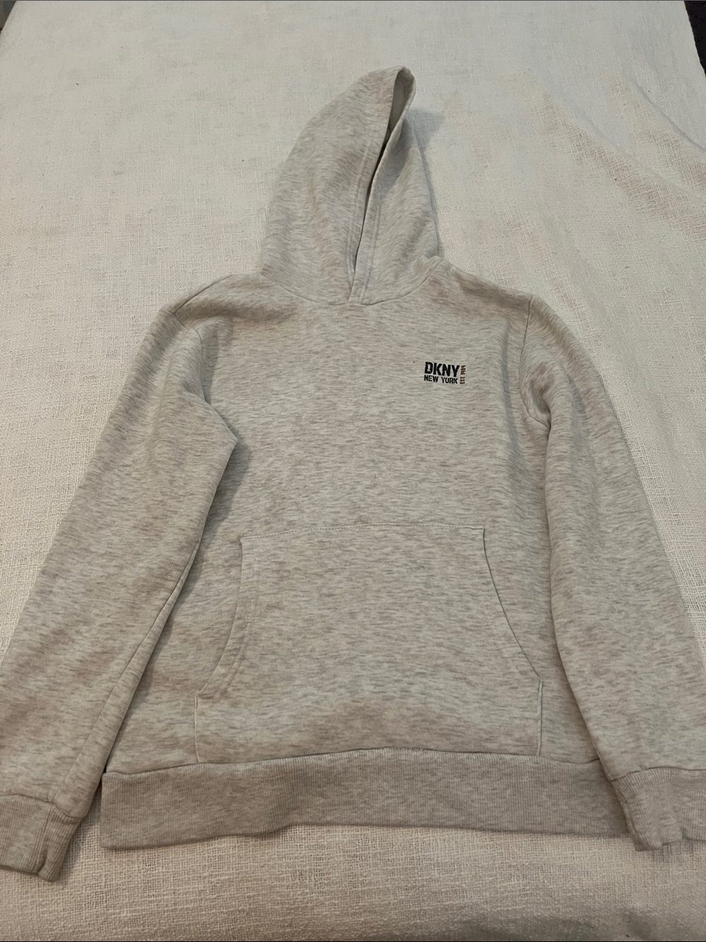 DKNY Youth Cream Heather Pullover Hoodie with Front Logo/Back Design Sz YL 14-16